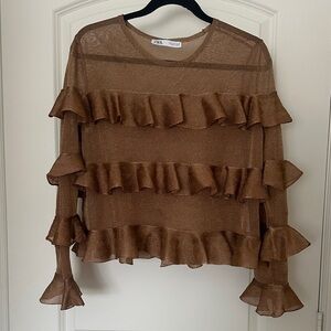Zara Gold Ruffle Long Sleeve Sheer Blouse
